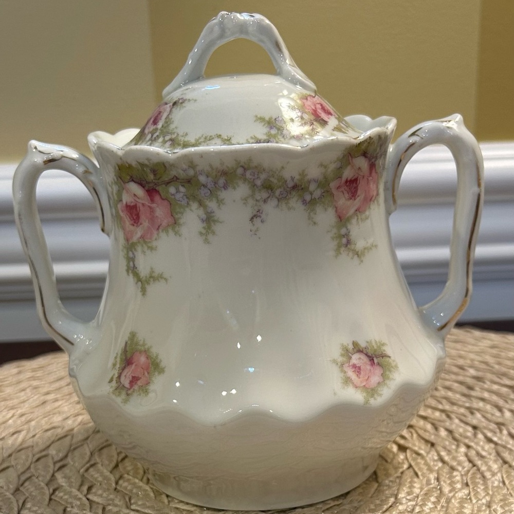 Pretty Pink Floral L S & S Carlsbad Austria, Double Handled Biscuit Jar,